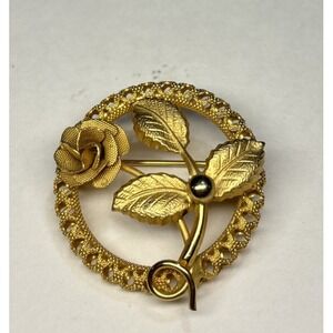 Vintage Single Rose Brooch Pin Faux Pearl Gold Tone Filigree 1"